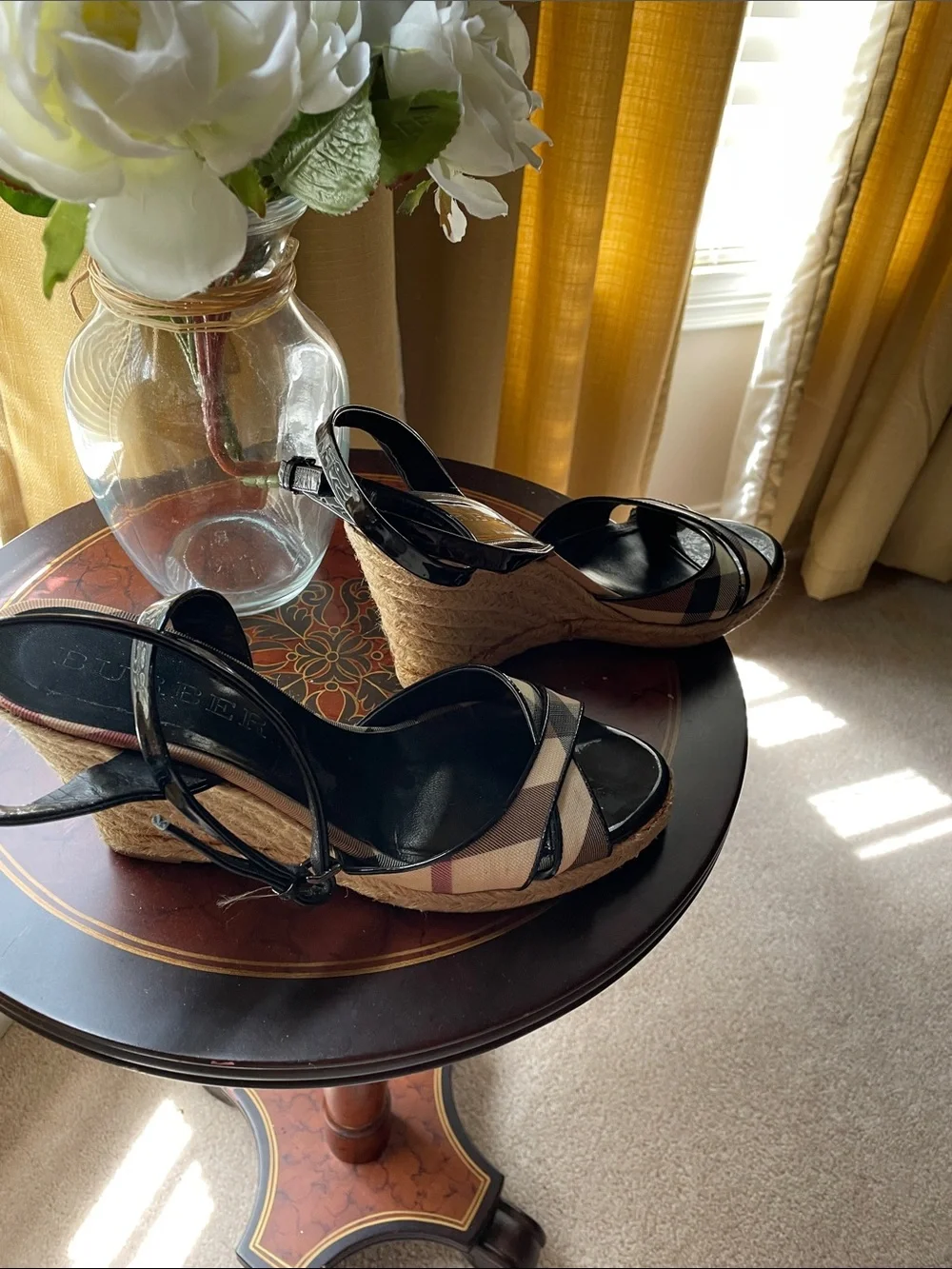 Burberry Beige & Black Check Espadrille Wedge Sandals